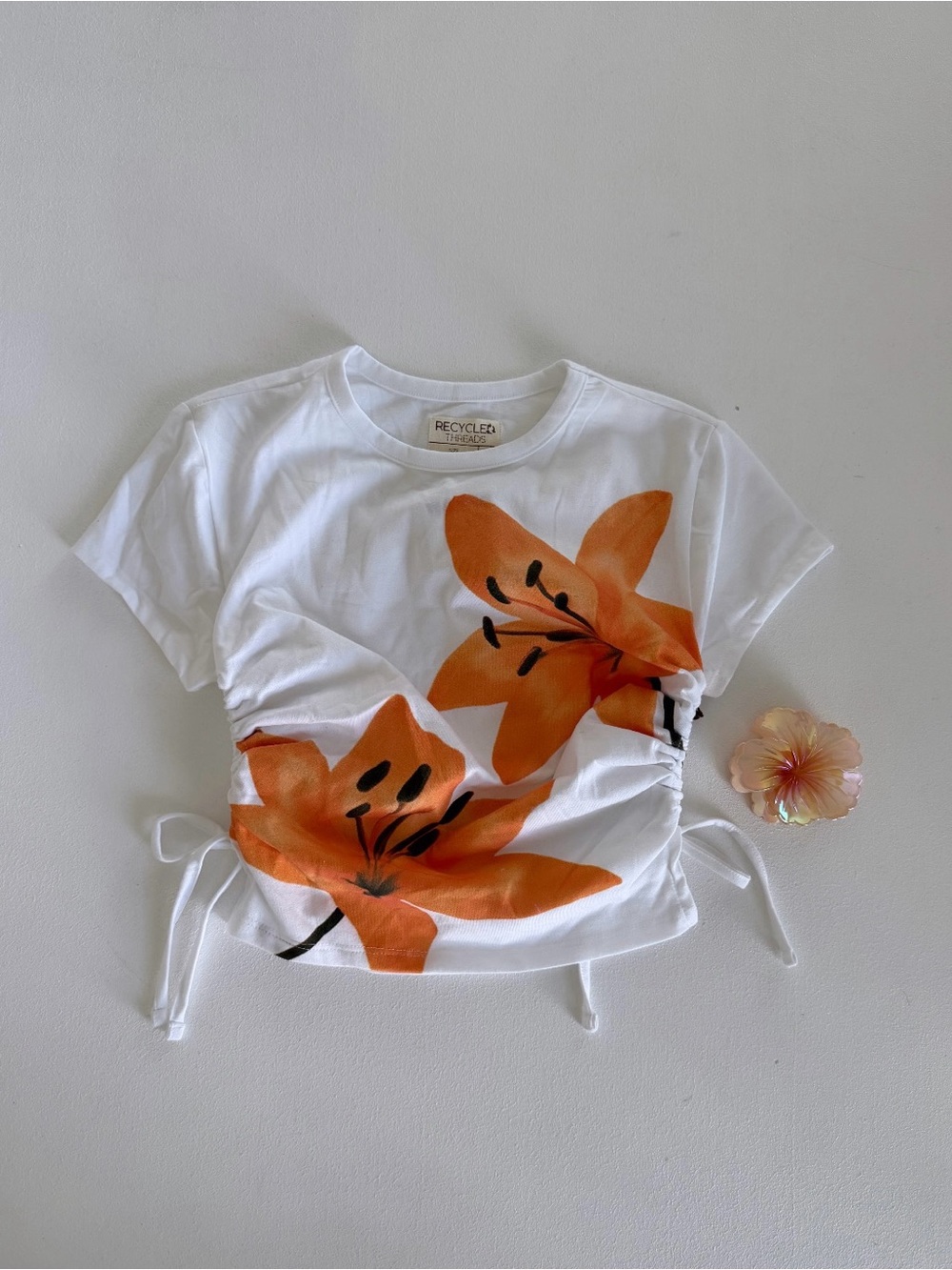White Kids Tee with Orange Floral Print